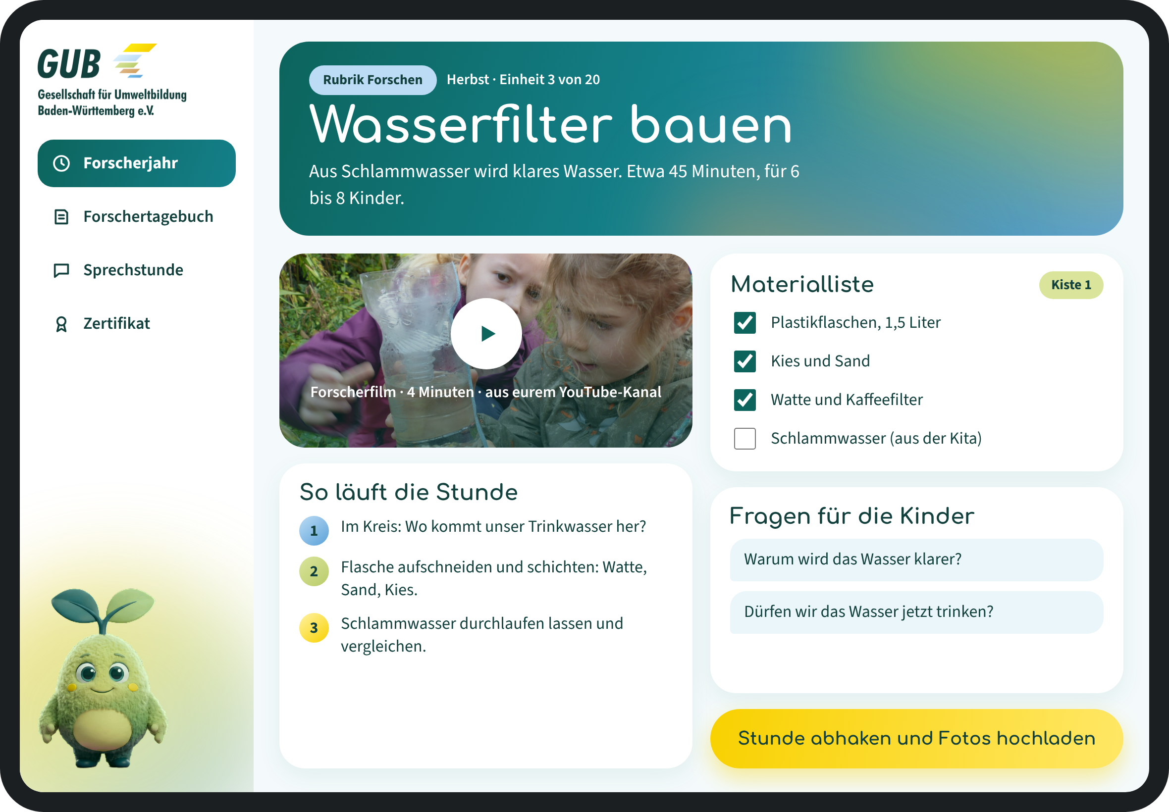 Entwurf: Die Forscherstunde Wasserfilter bauen auf dem iPad mit Film, Ablauf, Materialliste und Fragen für die Kinder