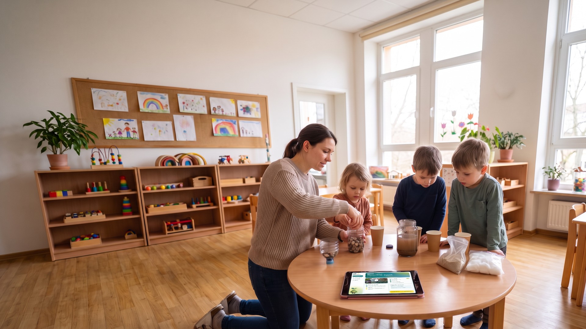 Erzieherin und Kinder experimentieren gemeinsam am Tisch, in der Mitte liegt das Tablet mit der Anleitung zur Forscherstunde